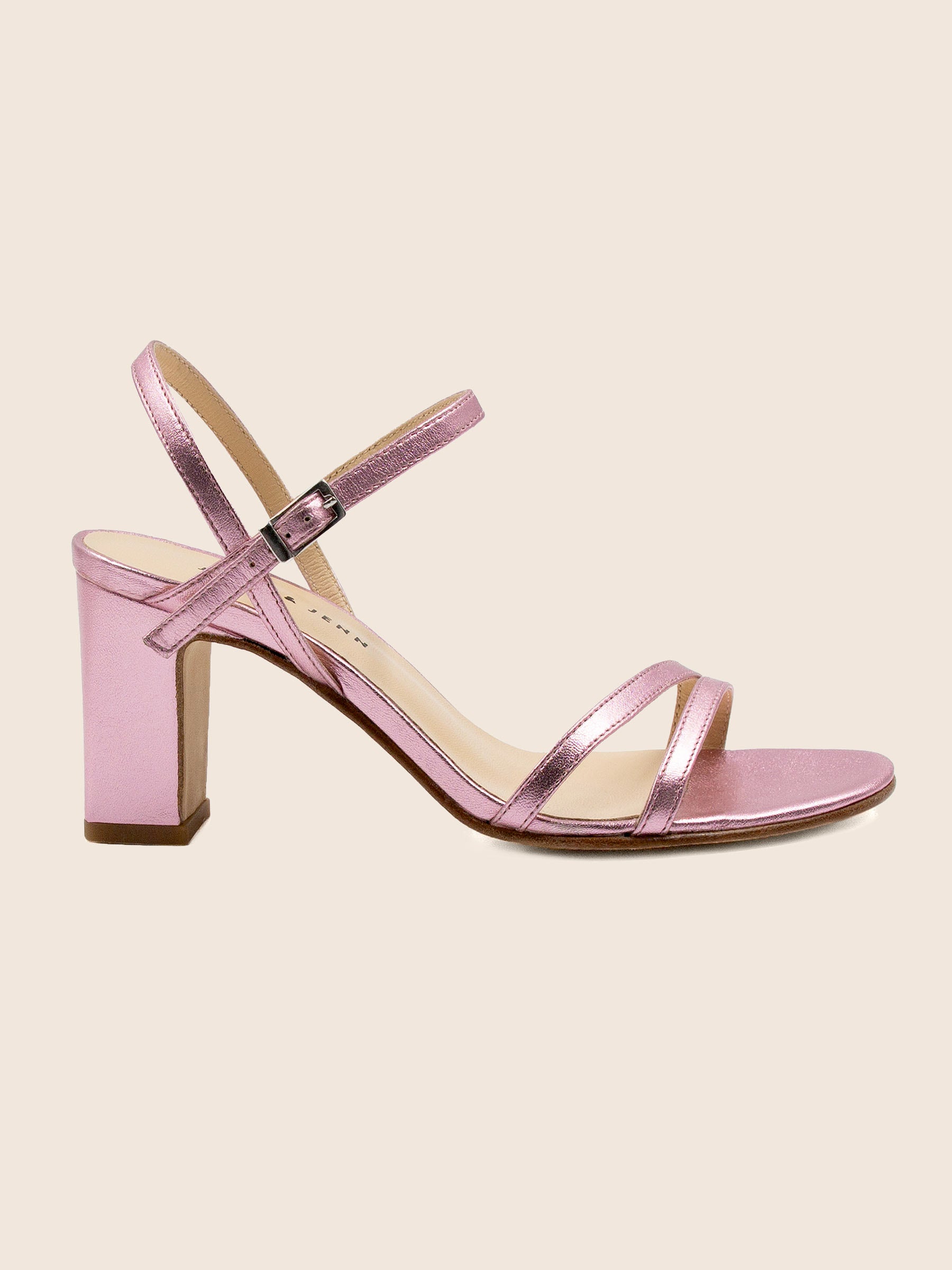 vue profil sandales talon epurees cuir metallise rose jules jenn