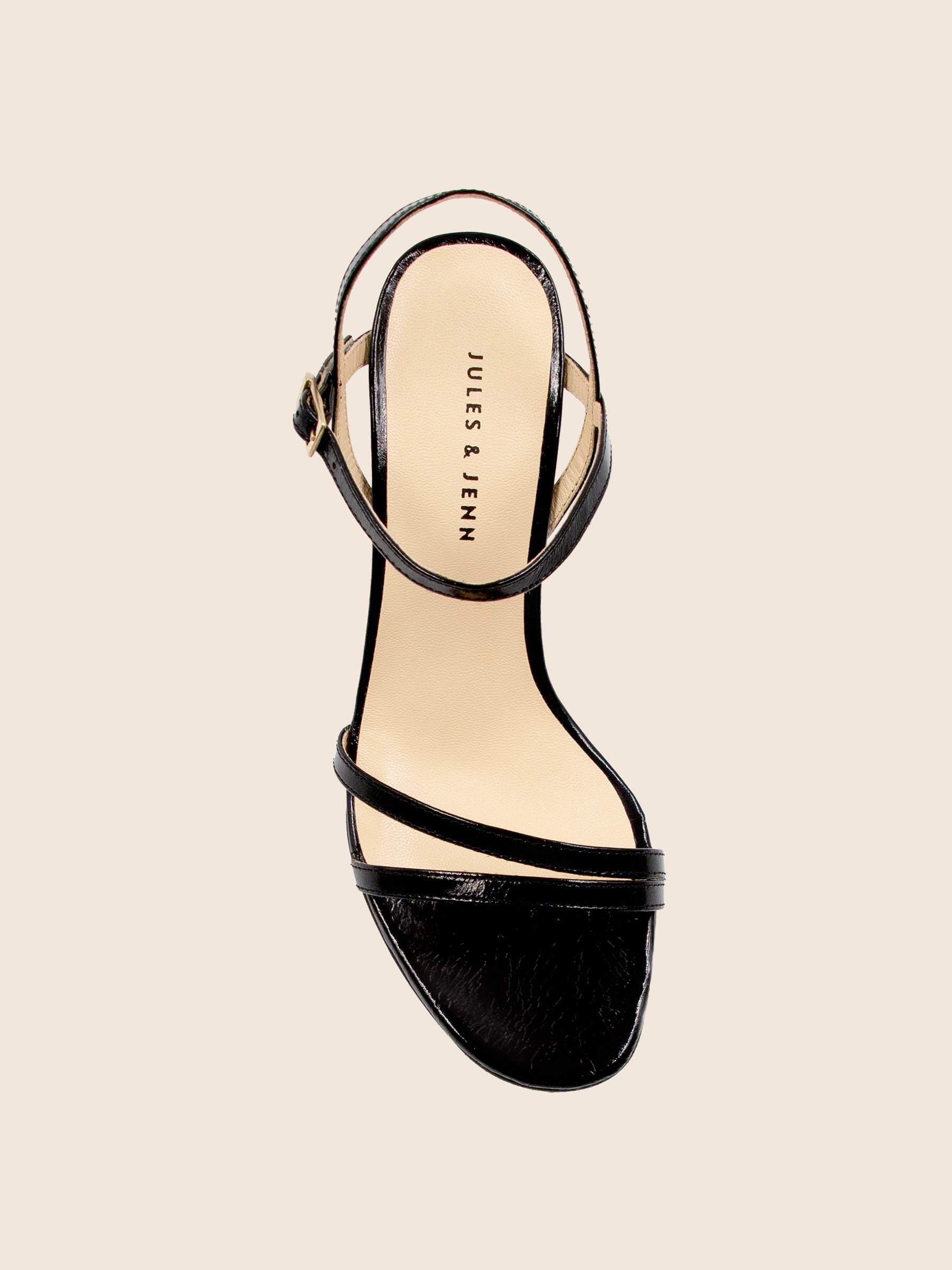 vue dessus sandales talon epurees cuir vernis noir jules jenn