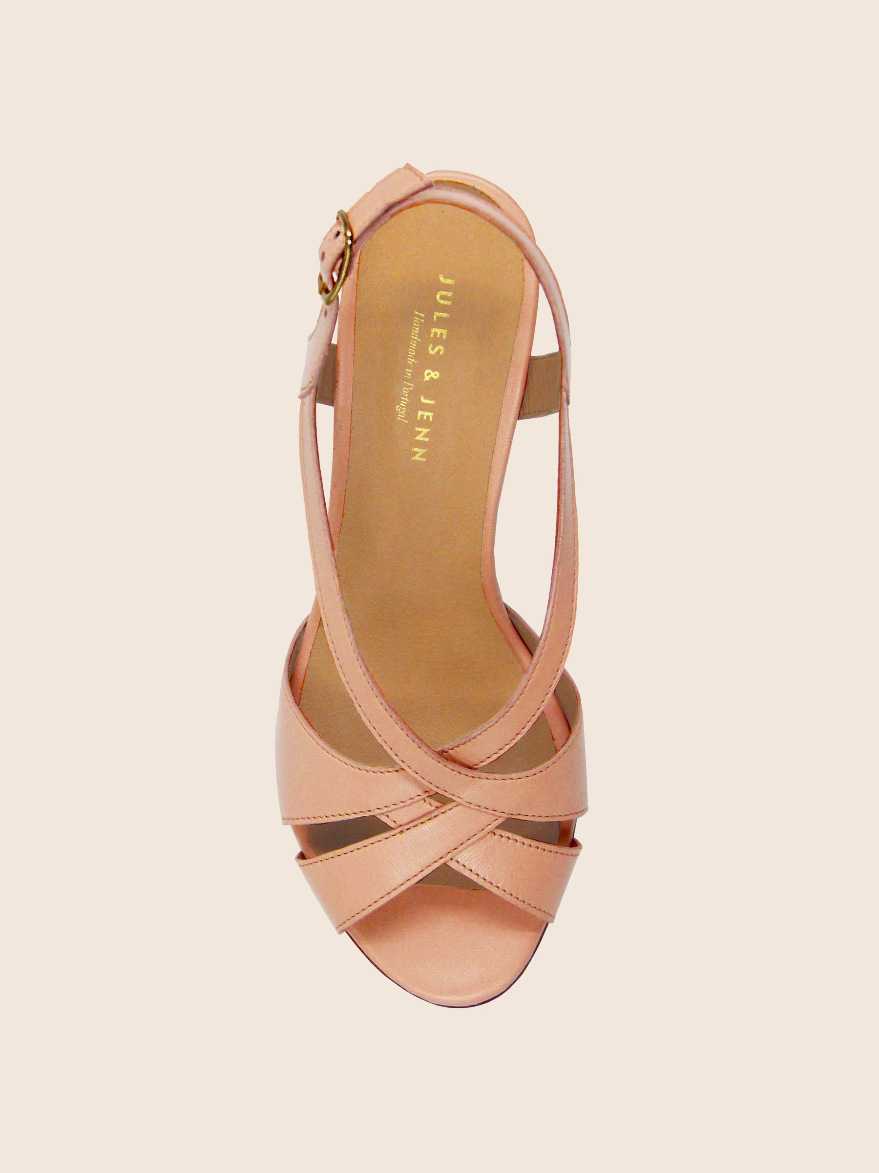 vue dessus sandales talon vintage cuir rose jules & jenn