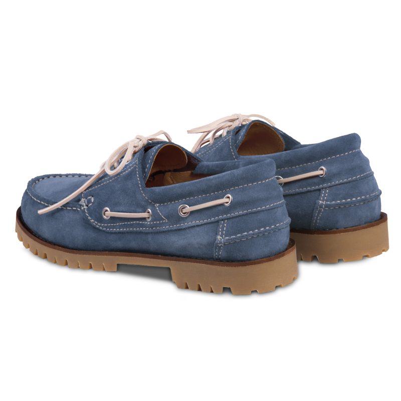 vue arriere chaussures bateau semelles crantees cuir daim bleu jules & jenn